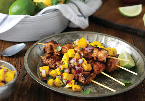 Chicken Skewers Topped with Mango