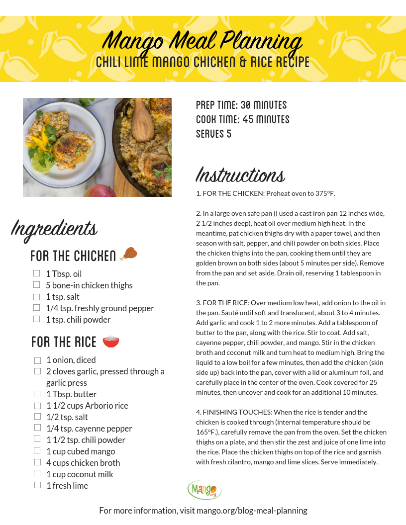 Receta de pollo y arroz con chile, limón y mango