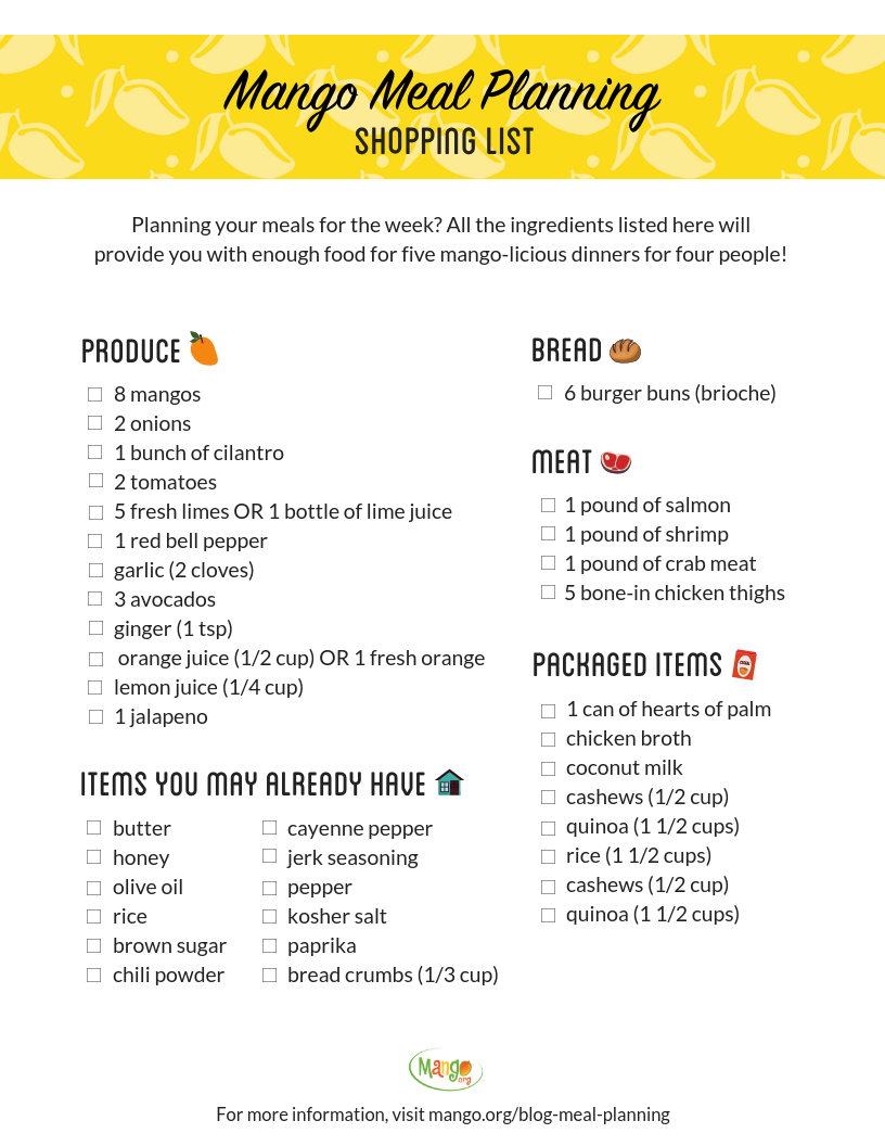 Lista de compras de planificación de comidas de mango