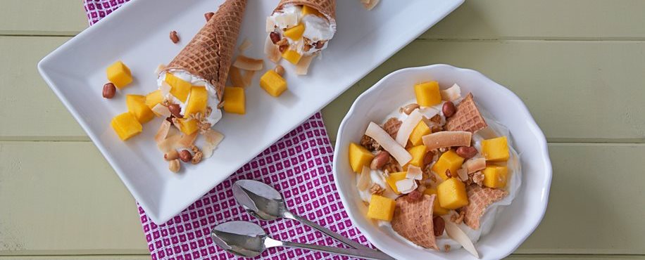 Mango and Yogurt Waffle Cone Parfaits