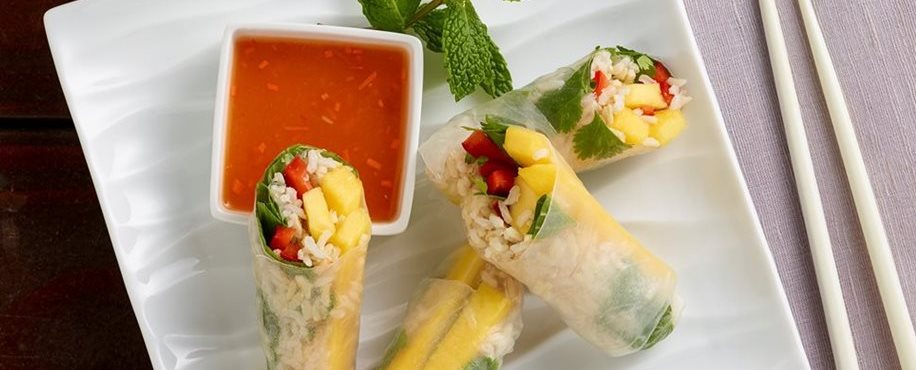 Vegetarian Mango Spring Rolls with Mango Nuoc Cham Dipping Sauce