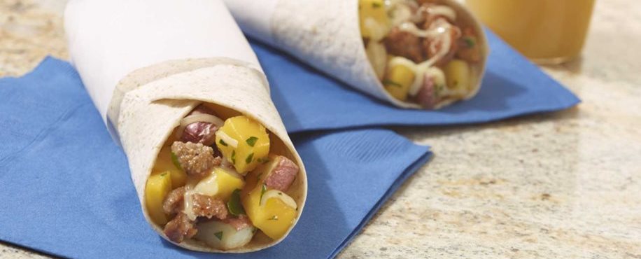 Mango, Sausage and Potato Breakfast Burritos