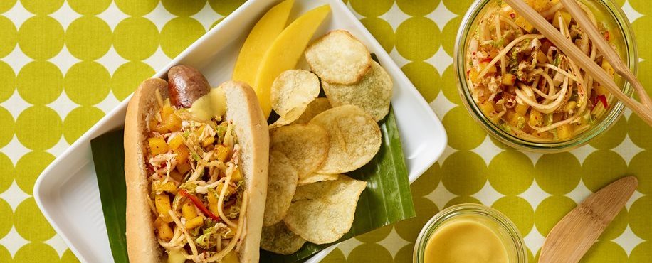 Brat with Mango Kimchi and Mango Mustard