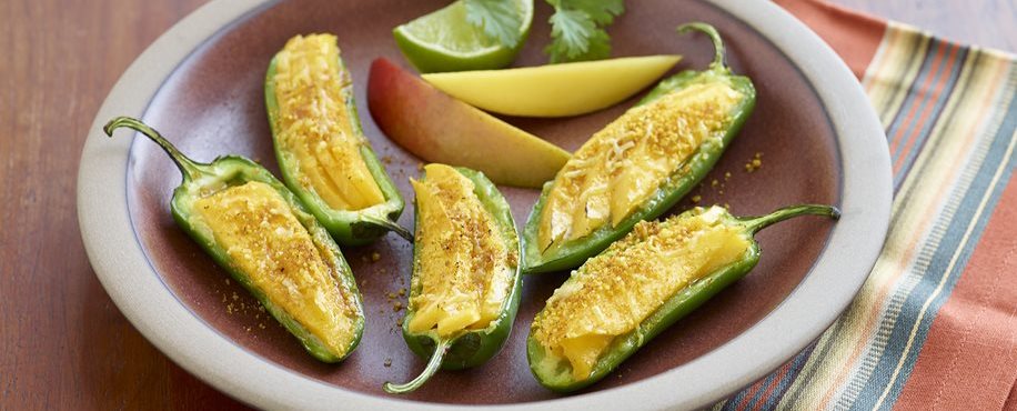 Mango Manchego Stuffed Jalapenos with Curry Cornmeal Crunch