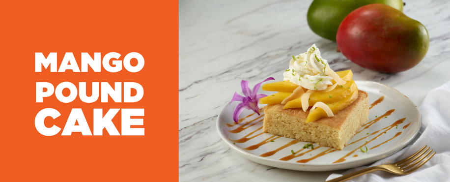 Cold Smoked Ripe Mango with Mango Pound Cake, Brown Butter Rum Caramel, and Whipped Coconut Cremeux
