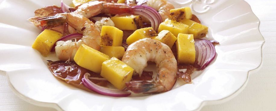 Caramelized Mango with Crispy Serrano Ham and Jumbo Shrimp
