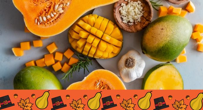 Mango con calabaza moscada con lindos gráficos de Acción de Gracias