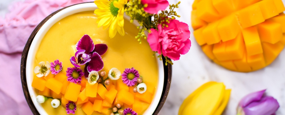 Springtime Mango Smoothie Bowl with Edible Flowers Header