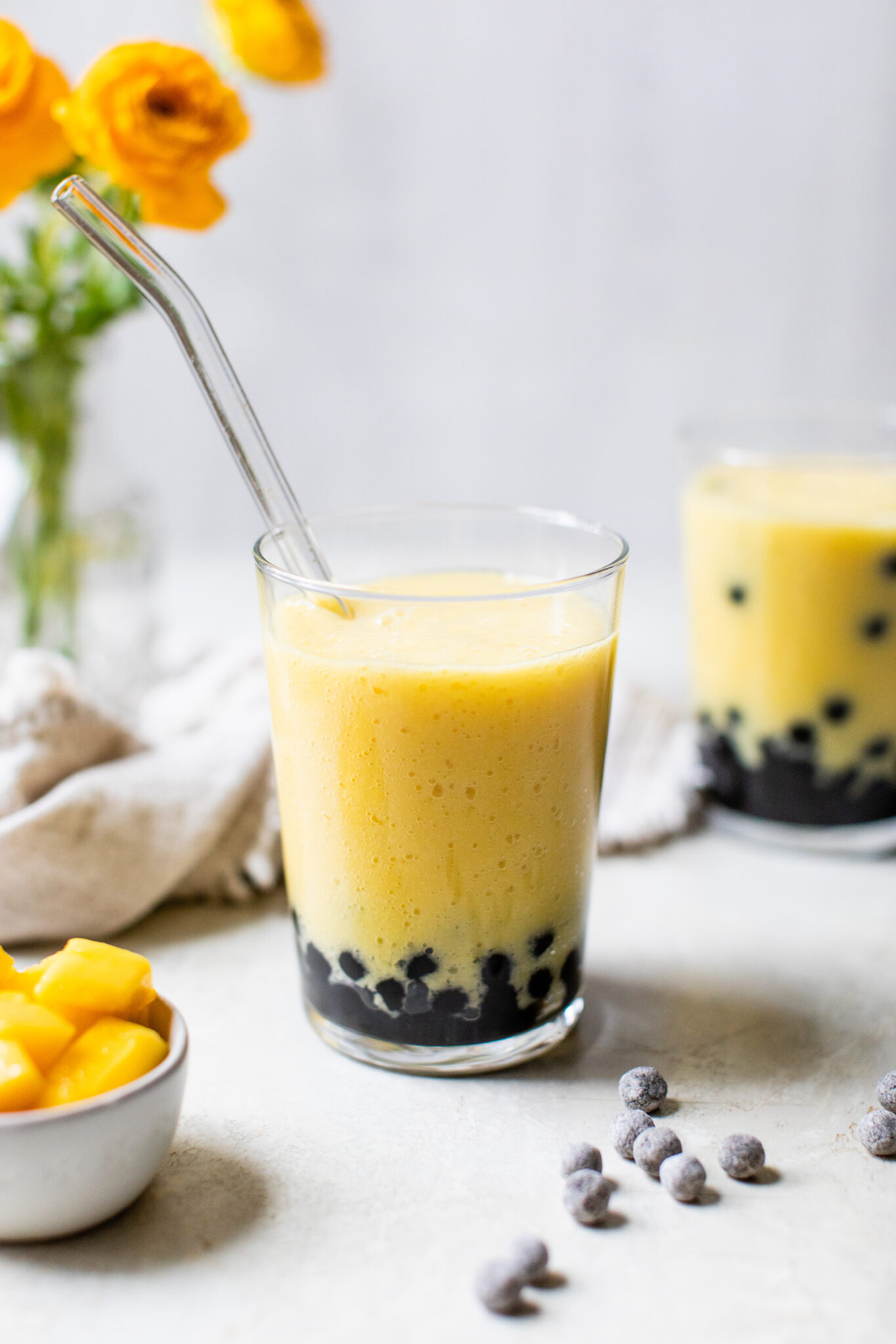 glass of mango bubble tea